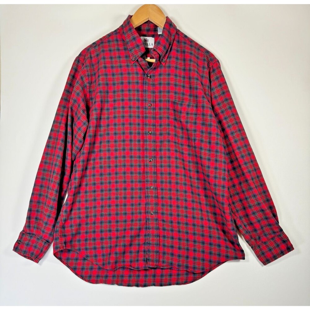 Vintage Viyella‎ Shirt Mens Large Red Plaid Cotton Wool Lightweight Flannel